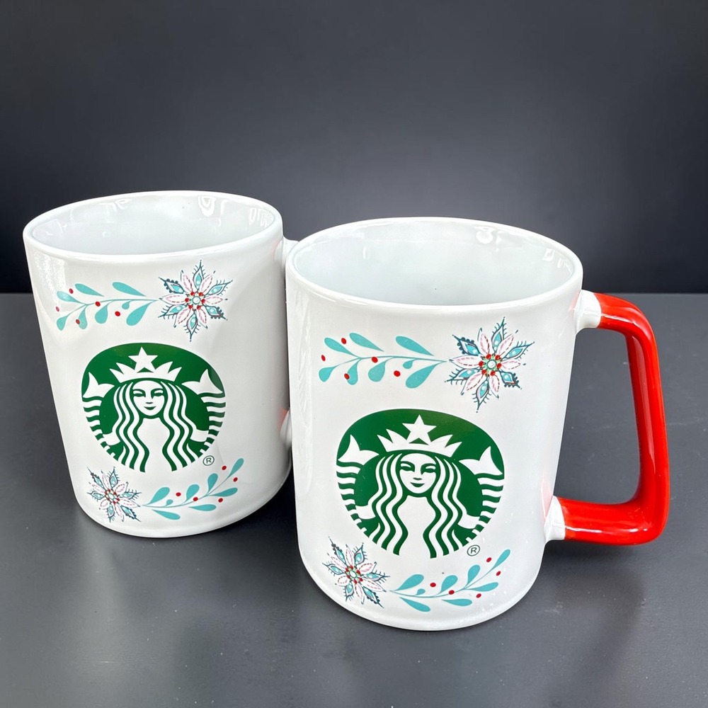 Starbucks Holiday Coffee Mugs Set of 2 Siren Poinsettia Red Handle 11oz Cups